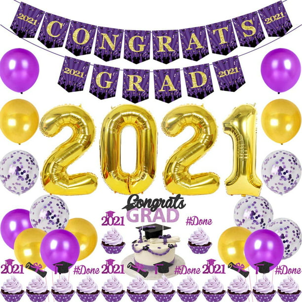 purple gold Purple Graduation Decorations 2021 Congrats Grad Decorations Class of 2021 Graduation Party Supplies Purple Gold and Black Balloons Congrats Grad Banner Class of 2021 Cake Topper 